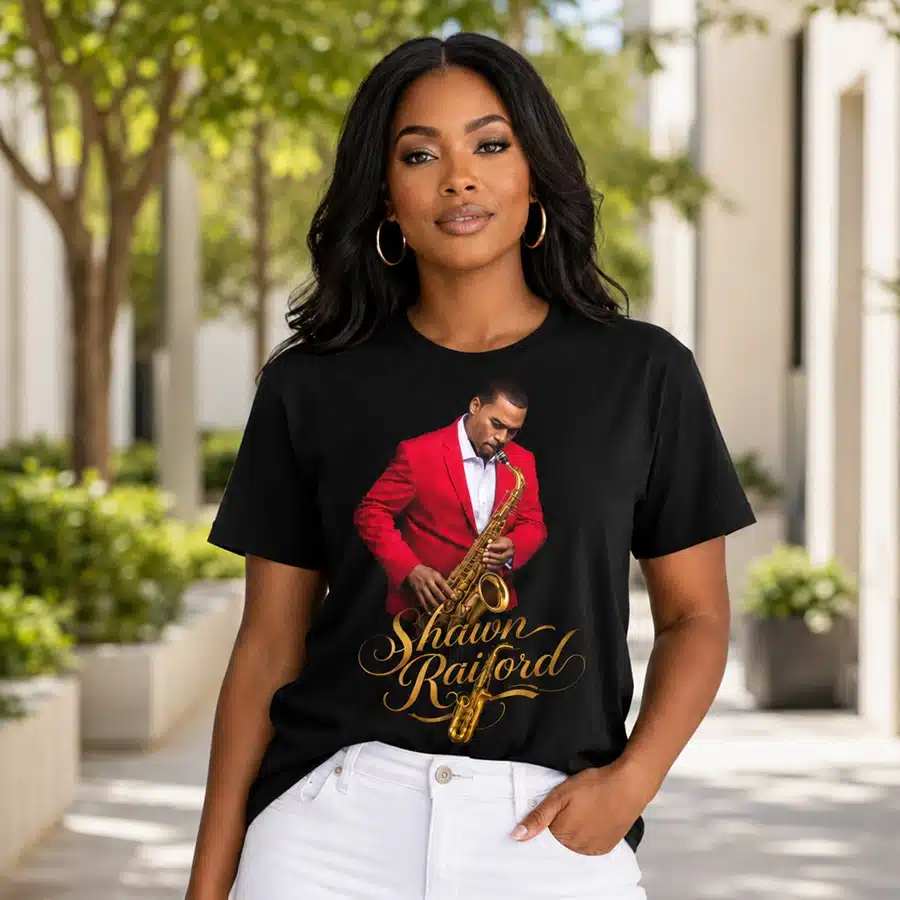 black brunette woman wearing Shawn Raiford tee