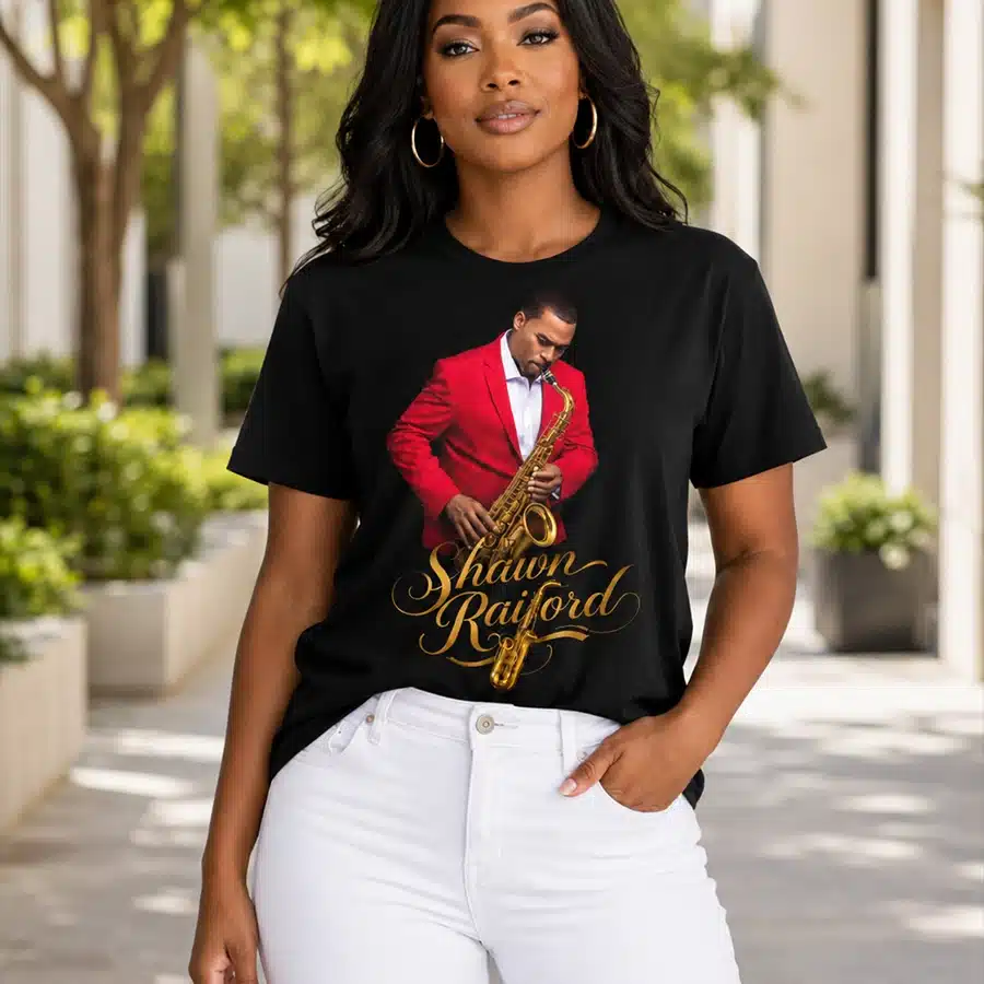 black brunette woman wearing Shawn Raiford tee